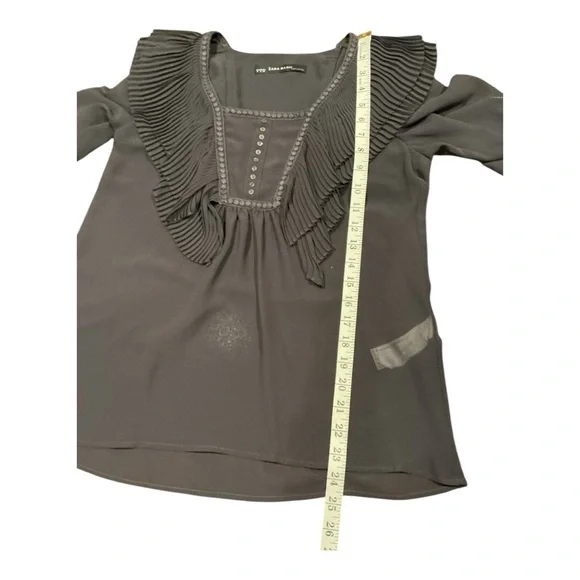 Zara Basic Dark Gray Pleated Ruffle Blouse Long Sleeve Sheer Women’s Size M - Picture 4 of 7